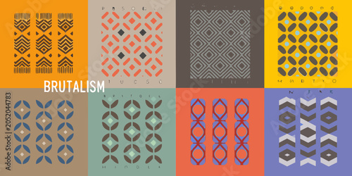 Foto Set of eight brutalist geometric patterns in varying earth tone color schemes ab