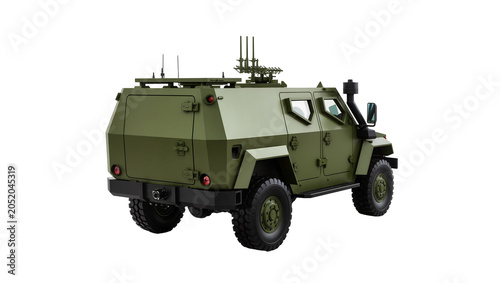 Fotografía Green armored military vehicle with antennas, isolated on transparent background