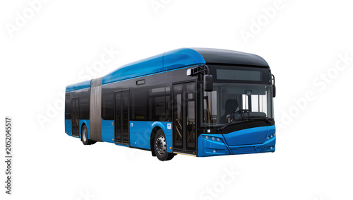 Tableau sur toile Articulated blue public transport bus with black windows, isolated on transparen