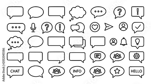 Speech bubble icon set vector outline chat communication symbols isolated on white