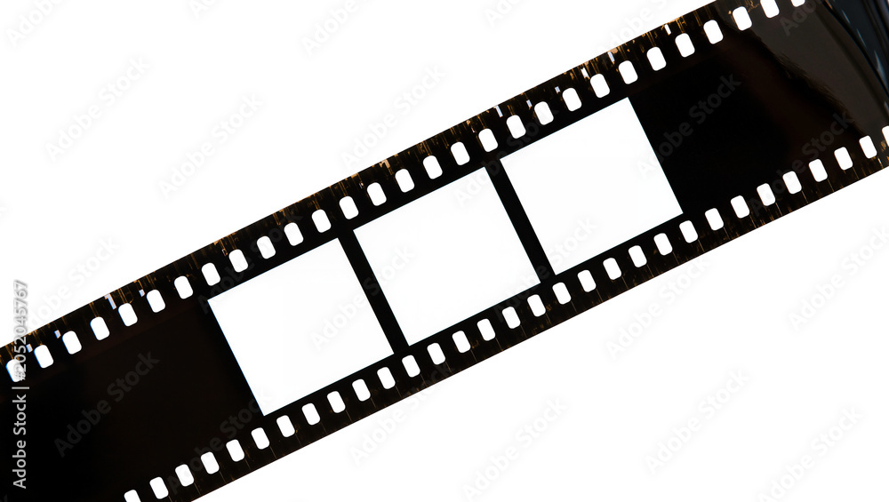 Obraz premium Black film strip with three empty square frames, isolated on transparent background