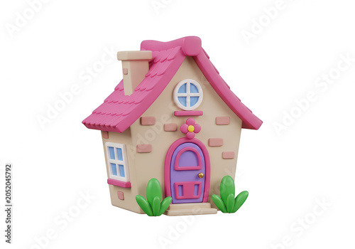 Cute pink house with purple doors and a clock on the front