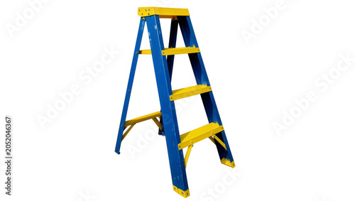 Fotografía Blue and yellow stepladder with four steps, isolated on transparent background