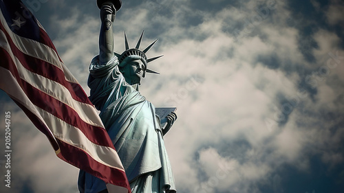 Statue of liberty with american flag waving in the wind outdoors