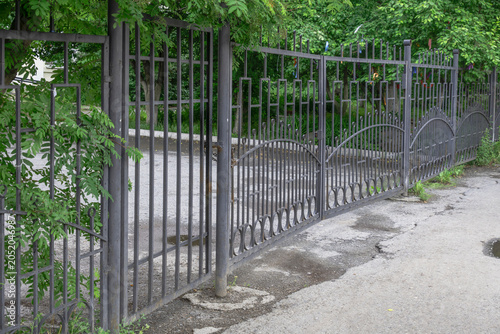 Closed cast-iron decorated gates on a summer day