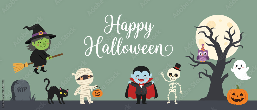 Fototapeta premium Colorful halloween illustration featuring witches, vampires, mummies, and other spooky characters