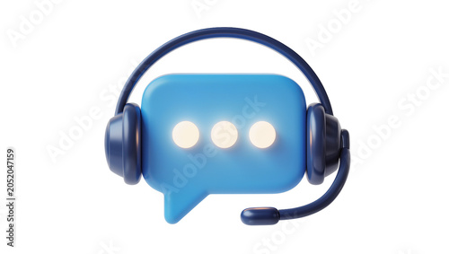Billede på lærred Blue chat bubble with glowing dots and headset, isolated on transparent backgrou