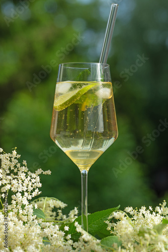 Fotografie Vertical close up of a wine glass filled with a refreshing Hugo cocktail, garnished with lime, mint, and ice cubes next to fresh elderberry flowers