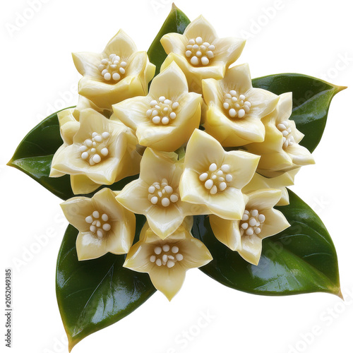 Cluster of pale yellow hoya flowers with glossy green leaves top-down view isolated on white background