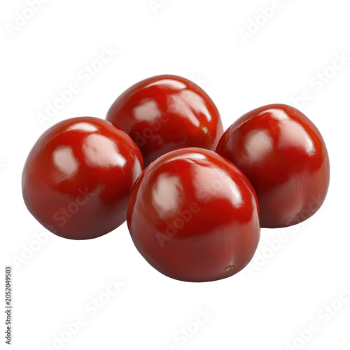 Four glossy jujube fruits clustered together showcasing their deep red color and smooth skin isolated on white background