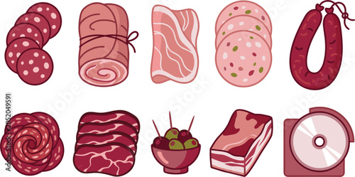Foto Charcuterie and Deli Cold Cuts Vector Element Set with Salami, Prosciutto, Ham s