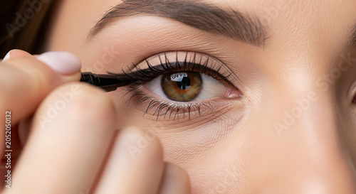 Close up of beautiful woman applying eyeliner perfect for professional cosmetic makeup concepts and creative flawless beauty plan