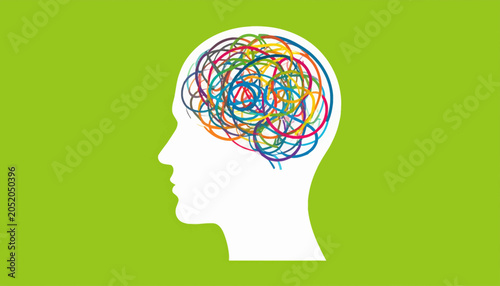 Human Head Silhouette with Tangled Colorful Lines Inside Representing Complex Thoughts.