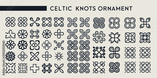 Fotografía Collection Of Twenty Four Black Celtic Knot Ornaments On A Light Beige Backgroun