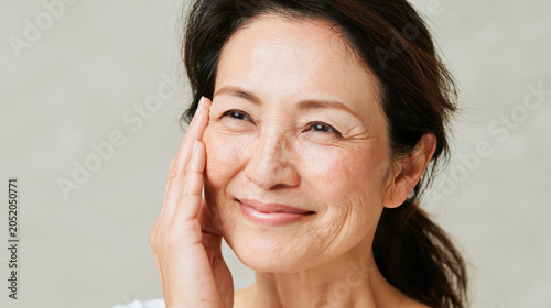 Portrait mature woman smiling skincare face hand wrinkle beauty