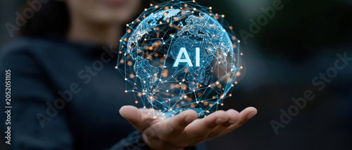 Artificial intelligence digital globe network hand technology global data future person holding glowing AI globe with connected network nodes