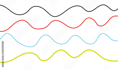 Four horizontal wavy lines in black, red, blue, and yellow on a white background