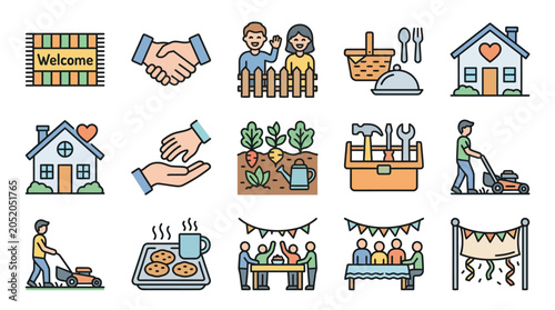 Icons depicting community activities and home life interactions