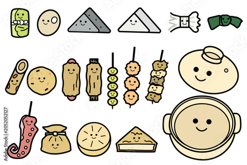 Foto キャラクター化したおでんの具材と空の鍋のイラストセット