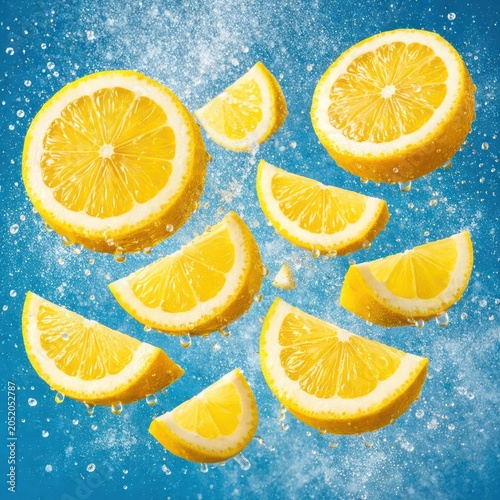 Vibrant lemon slices floating in refreshing blue water abstract design