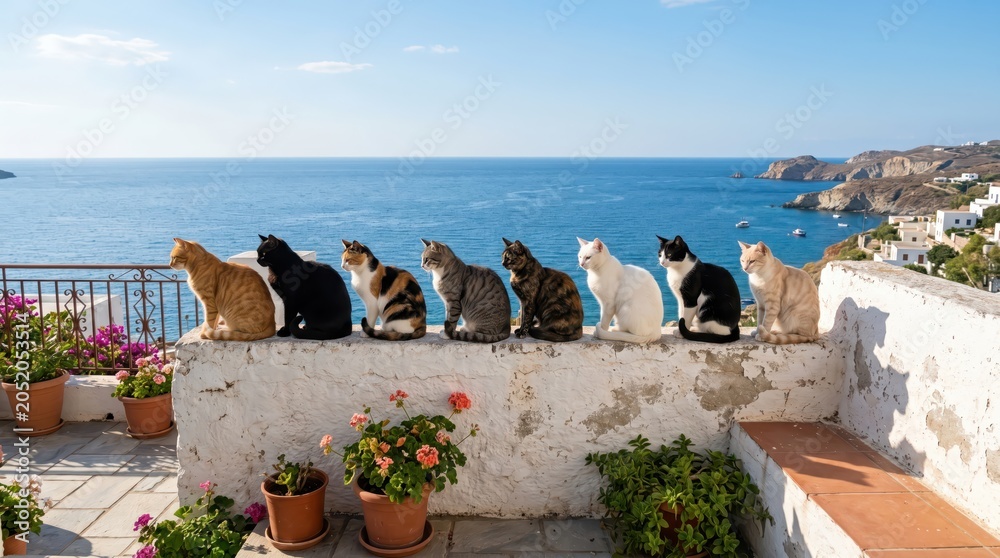 Obraz premium Row of cats sitting on white stone terrace wall overlooking blue sea and coastal village with potted flowers in warm morning sunlight; group of felines lined along balcony edge