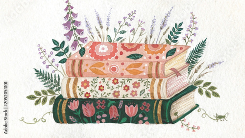 A whimsical hand-painted gouache illustration of two stacked floral vector background
