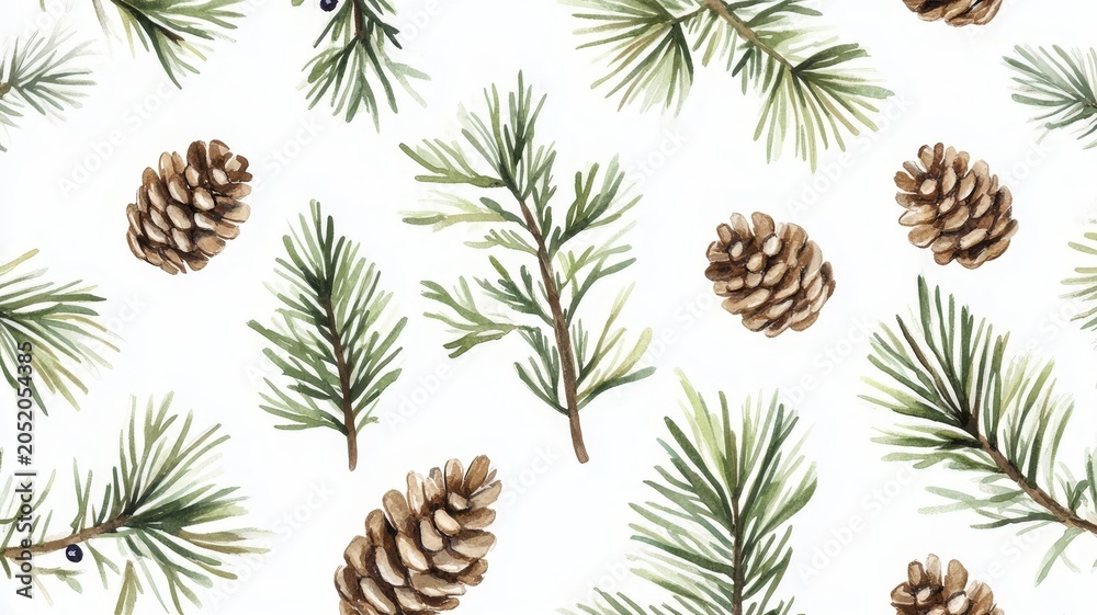 Fototapeta premium Watercolor pine cone and evergreen branch christmas holiday pattern design illustration.