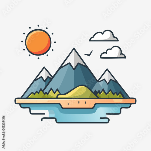 Stylized Mountain Landscape with Sun and Clouds