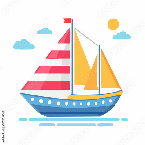 Stylized Sailboat Illustration on Water with Clouds and Sun
