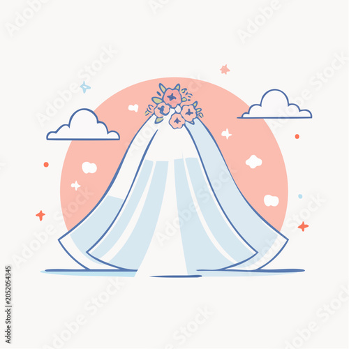 Wedding Veil with Flowers and Clouds Illustration