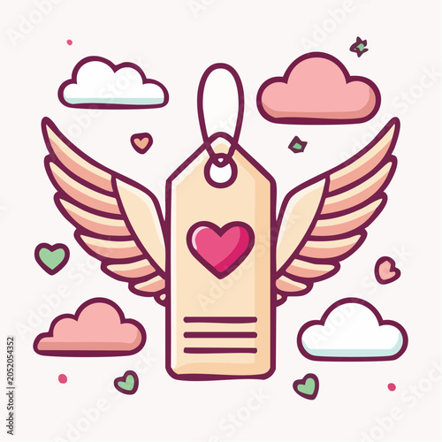 Winged Tag with Heart and Clouds