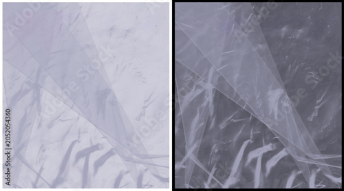 Tableau sur toile Crumpled plastic wrap texture, transparent polyethylene film background, wrinkle