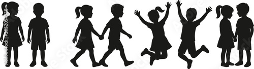 Bild auf Leinwand Children Silhouette Collection Featuring Standing Walking Jumping and Holding Ha