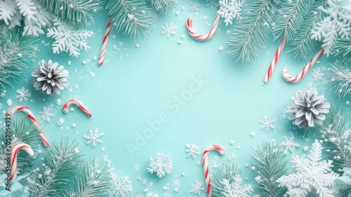 Festive christmas holiday border frame with pine branches candy canes and snowflakes on pastel blue background for winter seasonal designs.