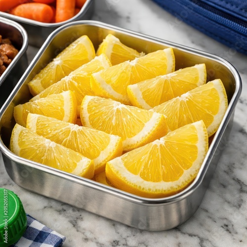 Fresh orange wedges in stainless steel container for healthy snacking
