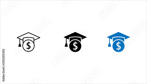 utline graduation cap with dollar symbol icon set.  representing education funding, scholarships, student loans, tuition fees, financial aid, academic investment, and educational finance concepts.