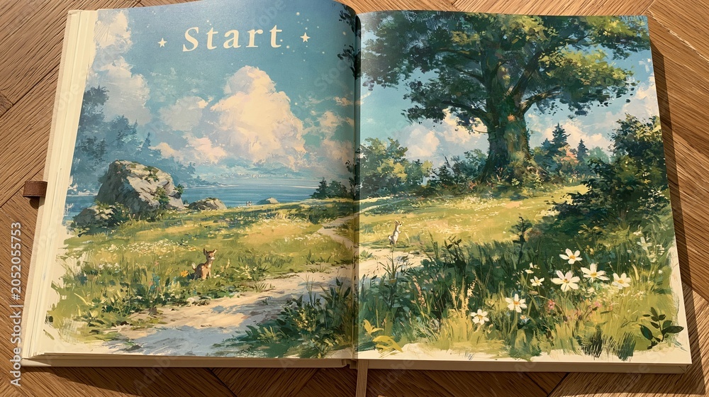 Fototapeta premium Open book with a beautiful landscape and Start text