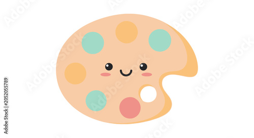 Cute Kawaii Art Palette with Colorful Paint Dots and Smiling Face.