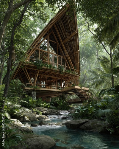 Modern Bamboo House in Lush Green Forest with Stream