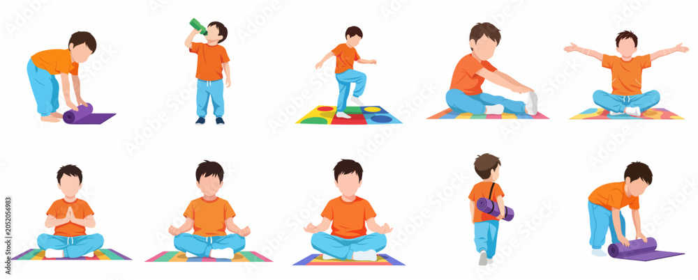 Fototapeta premium Set of vector illustrations of a little boy practicing yoga, stretching, and doing physical exercises on a colorful mat. Healthy lifestyle and wellness for children concept.