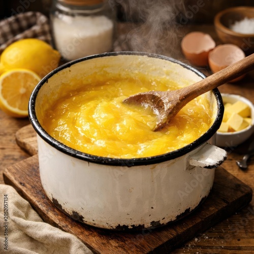 Cooking lemon curd in a vintage pan with wooden spoon rustic style