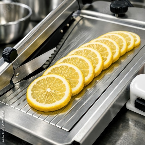 Sliced lemons arranged on a stainless steel slicer for culinary and food concepts