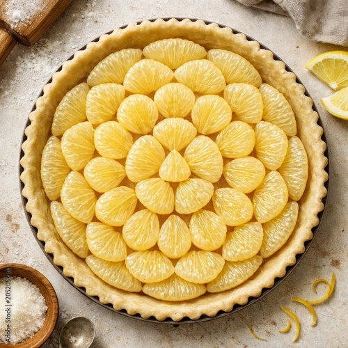 Delicious citrus tart with yellow slices and detailed texture