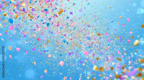 Exploding colorful flower petals against blue sky