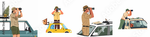 Canvastavla Collection of illustrations featuring men birdwatching from cars and off-road vehicles using binoculars, exploring nature and observing wildlife during a road trip