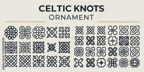 Bild auf Leinwand Collection Of Celtic Knot Ornaments Black Line Vector Illustration On Beige Back