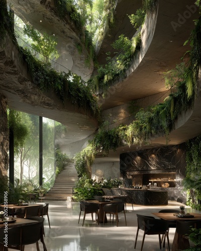 Modern Building Interior with Abundant Greenery and Curving Walls