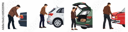 Foto Flat design vector illustration set featuring a man opening and loading the trunks of several different car styles on a plain white background