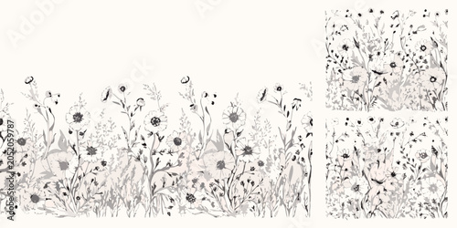 Floral ornament with sketched wildflowers and foliage a repeating vector pattern on a light background