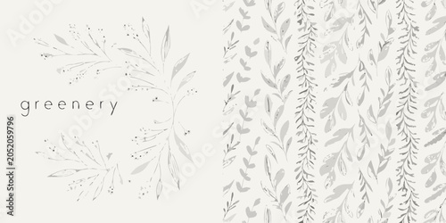 Foto Floral ornament with sketched leaves and stems a delicate gray vector illustrati